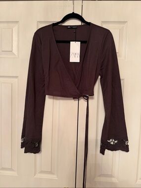 Zara Brown Wrap Crop Top with Lace-Trim Cuffs